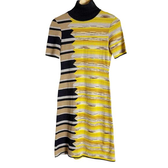 Vintage Missoni Wool Black Yellow Striped Turtleneck Short Sleeve Dress Size S